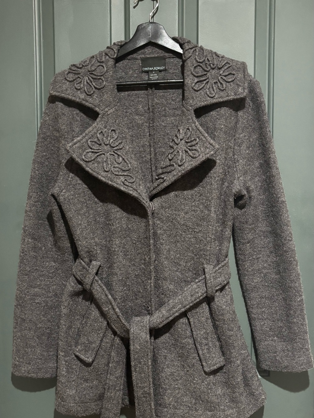 Cynthia Rowley Gray Embroidered Belted 100% Wool Jacket | Size M